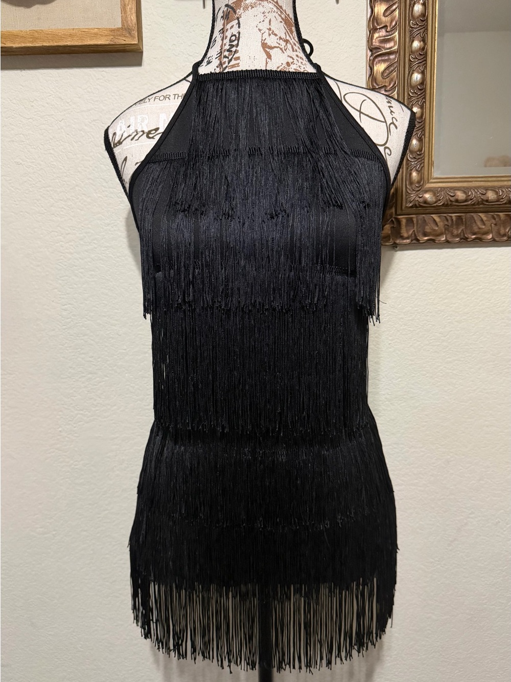 PrettyLittleThing Black Fringe Halter Mini Dress